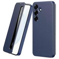 Suderinama su Samsung Galaxy S25 FE dėklu, Smart View langeliu, odiniu telefono dėklu melsvėmėlis