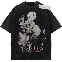 NieR Automata 2B Kovinė apranga Rūgštimi plauti Grafinis T-shirt Raudonas akcentas Vintažinis Žaidimas Anime Juodas Per dydį Unisex Gatvės stiliaus T-shirt L