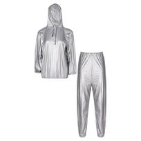 Unisex PVC sportinis kostiumas, ilgomis rankovėmis, su užtrauktuku, su gobtuvu, kelnės su elastingu juosmeniu, treniruočių apranga S sidabras