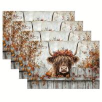 4 vnt. mielos Škotijos galvijų su ilgu šiaušotu kilimėliai ant stalo Sodybos valgomojo stalo kilimėliai Pavasario vasaros kaimo rustic virtuvės dekoras H 12x18in-4PCS