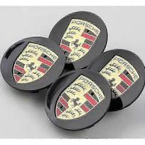 4 x Porsche ratlankio centrinis dangtelis juodas lenktas 76mm logotipo spalvaGERAI