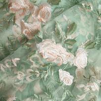 Soft Mesh Floral Embroidery Lace Fabric Colorful Rose Leaf Embroidered Fabric for DIY Sewing Clothes Wedding Dress Veils 1x1.3m žalia