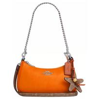 Coach Teri Shoulder Bag with Starfish Charm, Bright Orange Pebbled Leather Signature Canvas Trim Silver Hardware, Women's Daily Travel CBG79-SVY2H Basic Set (Bag+Dust Bag)