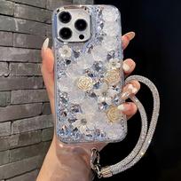 Glitter Crystal Rhinestone Floral Phone Case For Google Pixel 10 9 Pro XL 9A 8 8A 7 7A 6 6A Wrist Strap Gift girl Google Pixel 10 balta