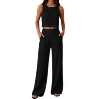 Women's Fashionable Casual Round-Neck Sleeveless Two-Piece Set L juoda