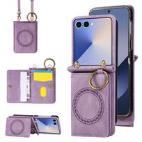 Odinė magnetinė piniginė su kortelių laikikliu telefono dėklas, skirtas Samsung Galaxy Z Flip 7 6 5 4 3 ZFlip7 Flip6 Flip5, per petį nešiojama rankinė dangtelis Galaxy Z Flip7 violetinė