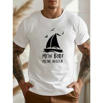 Mein Boot Meine Regeln  German Crinkle Design, Casual Black Short Sleeve Tee with White Sailboat & Bird Graphic, Breathable Summer Fabric S balta