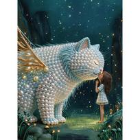 5D White Cat and Girl Pearl Wall Art Kit 30x40cm Frameless DIY Pearl Diamond Painting Floral Gem Art for Living Room/Bedroom Home Wall Decor 30x40cm