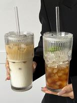 500 ml dryžuotas stiklinis puodelis su dangteliu ir šiaudeliu, karščiui atsparus, kavai/arbatai/kokteiliams, idealus biurui, iškylai ir kasdieniam naudojimui, supakuotas į putplasčio dėžutę 1 20cm Bent Straw įvairiaspalvis