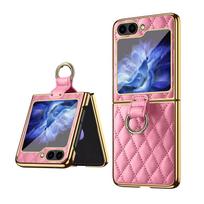 Fashion Z Flip 7 6 5 4 3 Cover Finger Ring Leather Moblie Phone Case For Samsung Galaxy Z Flip6 Flip5 Flip4 Flip3 5G Case For Samsung Z Flip 6 rožinė