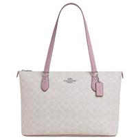Coach Baltas parašu drobės didelis užtraukiamas krepšys su rožinės odos apdaila kasdieniam naudojimui Basic Set (Bag+Dust Bag)
