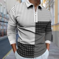 Polo marškinėliai Vyriški ilgomis rankovėmis spalvotos tinklelio linijos Spausdinti Nauji vyriški polo marškinėliai ilgomis rankovėmis užtrauktuku marškinėlių viršus 3XL balta