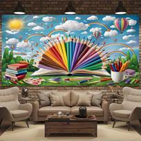 Colorful Pencil & Book Backdrop, Art Classroom Photography Background 47.2x31.5inch/120*80cm