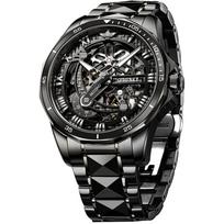 Skeletinis Mechaninis Automatinis 50M Atsparus Vandeniui Safyro Volframo Vyriškas Laikrodis, Prabangus, Atsparus, Kristalo, Apyrankė, Šviečiantis, Juodas. juoda
