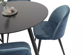 Valgomojo stalas Plaza, ø100*H75cm, Juoda + 4 kėdės Velvet, Mėlyna/Juoda