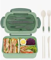 Set bento box for adults, 3 compartments, can be placed in microwave and dishwasher, (with knife, fork, spoon, and chopsticks)