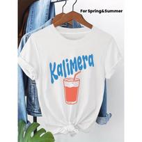 Kalimera senovės graikų kalba reiškia 'Labas rytas'. Tai Šviežūs Graikiški Užrašai Spausdinti Moteriški Pavasariniai ir Vasariniai Trumpomis Rankovėmis Apvalia Kaklo Iškirpte Laisvalaikio Marškinėliai, S balta