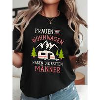 MOTERYS SU KARAVANAIS TURI GERIAUSIUS VYRUS T-shirt su raidžių spauda, trumpomis rankovėmis, apvalia iškirpte, laisvalaikio viršus vasarai ir pavasariui, moteriški drabužiai S juoda