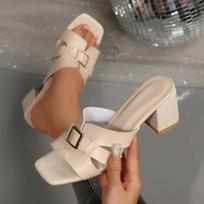 Cutout Flip-Flops Summer New Square Toe Open Toe Metal Buckle Non-Slip Block Heel Pump Shoes 36