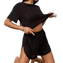 Summer Eyelet 2 Piece Pajamas Set for Women Short Sleeve Crew Neck Top And Shorts Summer Casual Pjs Sleepwear Set M juoda