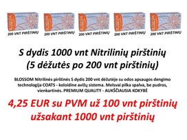 BLOSSOM Nitrilinės pirštinės S dydis po 4,25 EUR už 100 vnt pirštinių užsakant 1000 vnt pirštinių ( 5 dėžutės po 200 vnt pirštinių) su odos apsaugos dengimo technologija COATS - koloidine avižų sistema. Melsvai pilka spalva