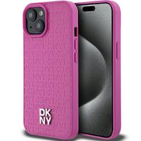 DKNY DKHMP15SPSHRPSP iPhone 15 / 14 / 13 6.1" pink hard case with leather pattern, metal logo, and MagSafe compatibility
