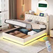 Polsterinė lova 140x200 cm, LED, USB, hidraulinė, linų audinys, beige