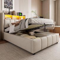 Polsterinė lova 90x200 cm, LED, USB, stalčiai, hidraulinė, linų audinys, beige