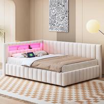 Minkšta lova sofa 140x200 cm aksomas su LED ir USB smėlio spalvos be čiužinio 1 vnt