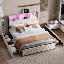 Minkšta lova 140x200 cm su LED apšvietimu, USB jungtimi, 4 stalčiais, galvūgaliu, aksominė, smėlio spalvos, čiužinys neįskaičiuotas