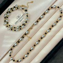 Vintage Natural Black Agate Artificial High Quality Pearl Necklace Clavicle Chain