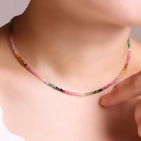 Gradient Ultra-Fine Natural Small Tourmaline Necklace for Women, Summer Collarbone Chain, Rainbow Choker, Colorful Crystal, New Chinese Style Chain Length40cm