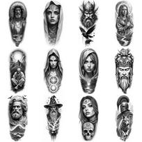 12 vnt. Laikinos tatuiruotės Juoda ir pilka Realizmas Senovės skulptūros Tatuiruotė Vietinių genčių Tatuiruotė Varnos Tatuiruotė Vyrams Ant rankų Šlaunų