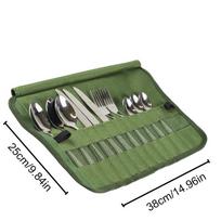 Camping Tableware Roll Bag Kitchen Cooking Utensil Set Travel Organizer Multi-function Cutlery Pouch Holder Forks Spoons žalia