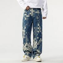 Checkerboard Jeans Men's Straight Loose Wide-leg Personality Jeans S mėlyna