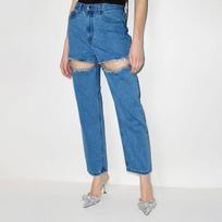 Fashionable High-Waisted Straight-Leg Denim Jeans with Thigh Cutouts and Diamond-Studded Bead Embellishments for Women S tamsiai mėlyna spalva
