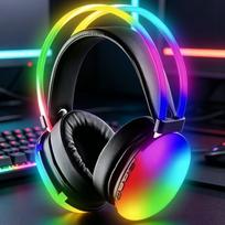 Žaidimų ausinės su apšvietimu: Belaidės ausinės su lanko formos ausinėmis ir gradientiniais RGB apšvietimo efektais