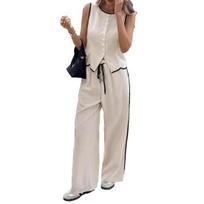 Women Summer 2 Piece Outfits Sleeveless Button Down Vest Wide Leg Pants Sets Casual Business Work Matching Set M abrikosas
