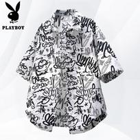 PLAYBOY Vyriški trumpomis rankovėmis, su spaudiniu, laisvalaikio marškiniai iš ledo šilko 2XL balta