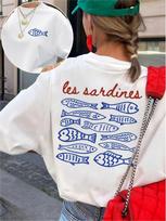 Vintažiniai marškinėliai su grafiniu paveikslėliu „Les Sardines“ moterims, dvipusiai marškinėliai su žuvies atspaudu, prancūziškos estetikos, Harajuku, trumparankoviai, pakrantės paplūdimio viršus S
