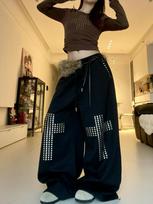 Unisex Wide-Leg Rivet Jazz Dance Pants - Black Sports Casual Wear for Spring & Autumn XXL