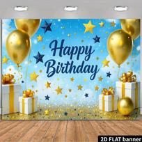 2D Blue Gold Happy Birthday Backdrop, Star Balloon Party Banner 47.2x31.5inch/120*80cm