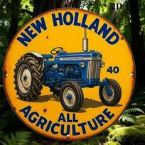 Metalinis plakatas Sienos menas Vintažinis traktorius New Holland Garažo dekoras