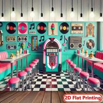 Retro 50-ųjų Diner gobelenas, Jukebox ir šachmatų lentos fono audinys, Baro sienų dekoras 47.2x31.5inch/120*80cm