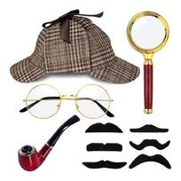 Detektyvo kostiumas su Detektyvo Holmsas skrybėle, akiniais, didinamojo stiklo priedų rinkiniu. Detektyvo apranga Helovinui, Cosplay 1