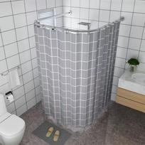 No-Drill U-Shaped Shower Curtain Set with Grey Grid