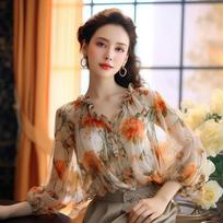 2025 Spring Women's Fashionable High-end Style Fungus Puff Sleeve Printed Chiffon Shirt Top S oranžinė