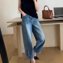 Blue Barn-Style Curved Leg Jeans with Yellow Flower Print - Women's Slim Harem Pants, Summer 2025 Large