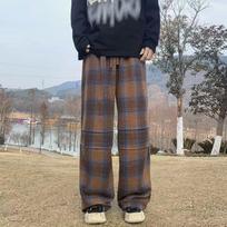 2024 Retro Merlot Wool Plaid Wide-Leg Pants - Women's Autumn/Winter Thickened Loose Fit Casual Long Pants S