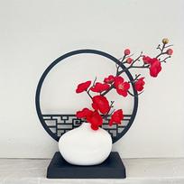 1Pc Elegant Chinese-Inspired Artificial Plum Blossom Bonsai Set With Screen Base - Perfect For Home & Office Decor, Includes Pot raudona